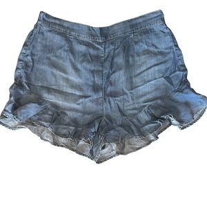 Sneak Peak High Rise Ruffle Hem Elastic Waist Lyocell Soft Denim Shorts